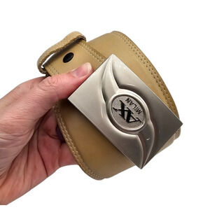Vintage Y2K Armani Exchange Mens Sz 42 Beige Leather Belt w/ Silver Buckle